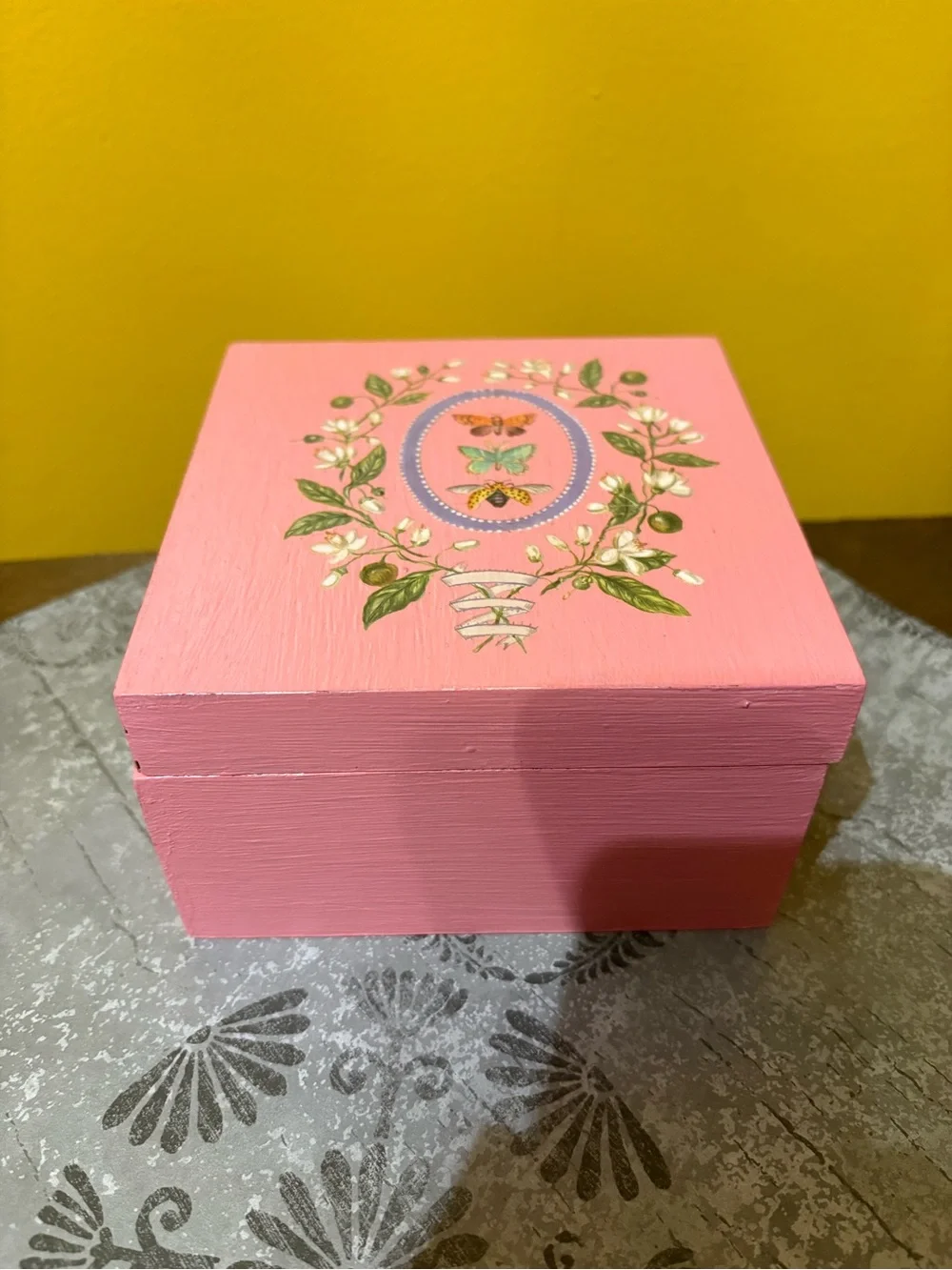 Pink Floral Butterfly Decorative Wooden Box